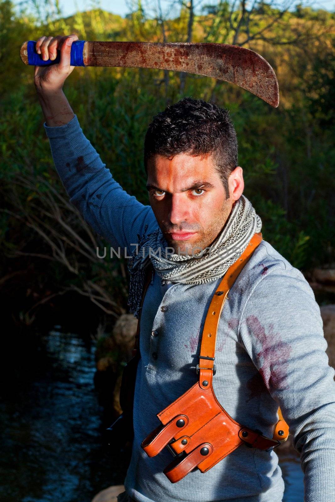 View of an treasure hunter, jungle adventurer type man.