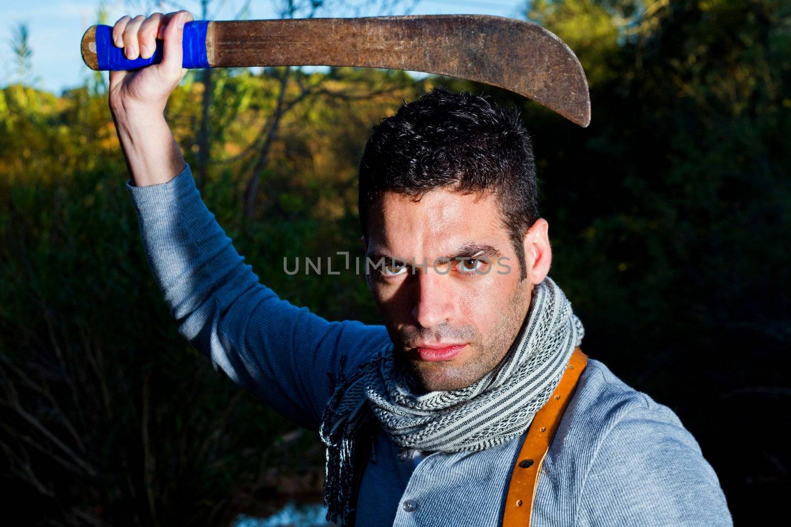 View of an treasure hunter, jungle adventurer type man.