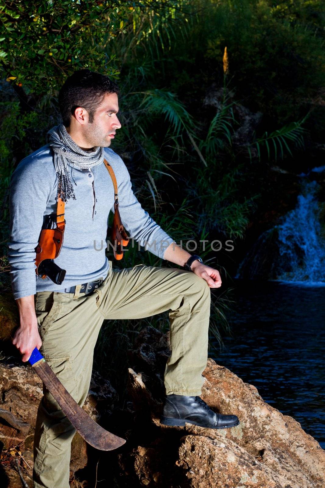 View of an treasure hunter, jungle adventurer type man.