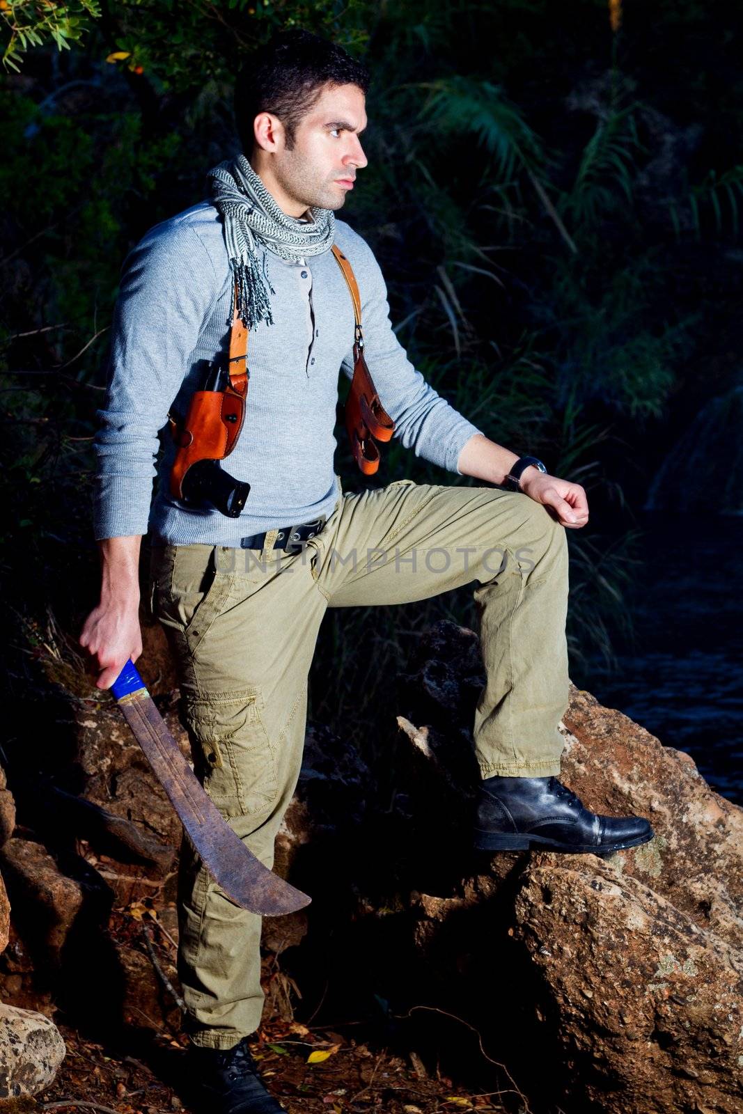 View of an treasure hunter, jungle adventurer type man.