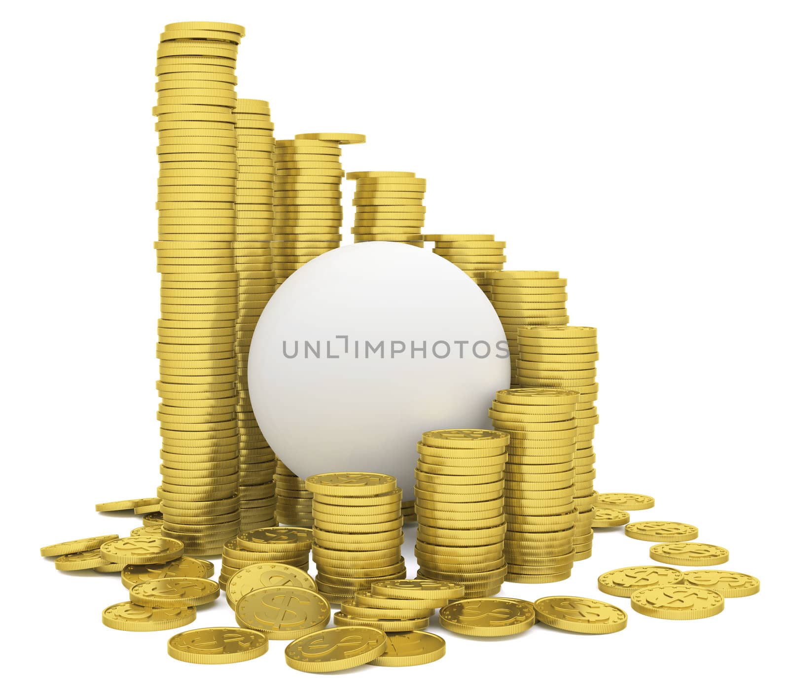 Sphere inside a stack of gold coins by cherezoff