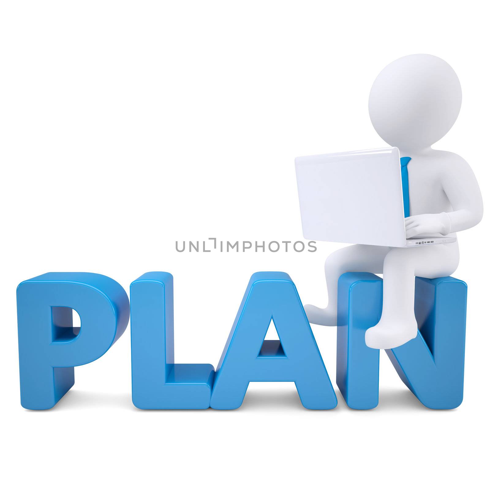 3d white man with laptop sitting on the word PLAN by cherezoff
