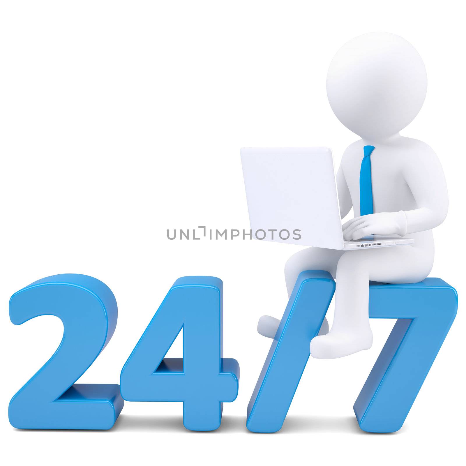 3d white man with laptop sitting on the numbers 24/7. Isolated render on a white background