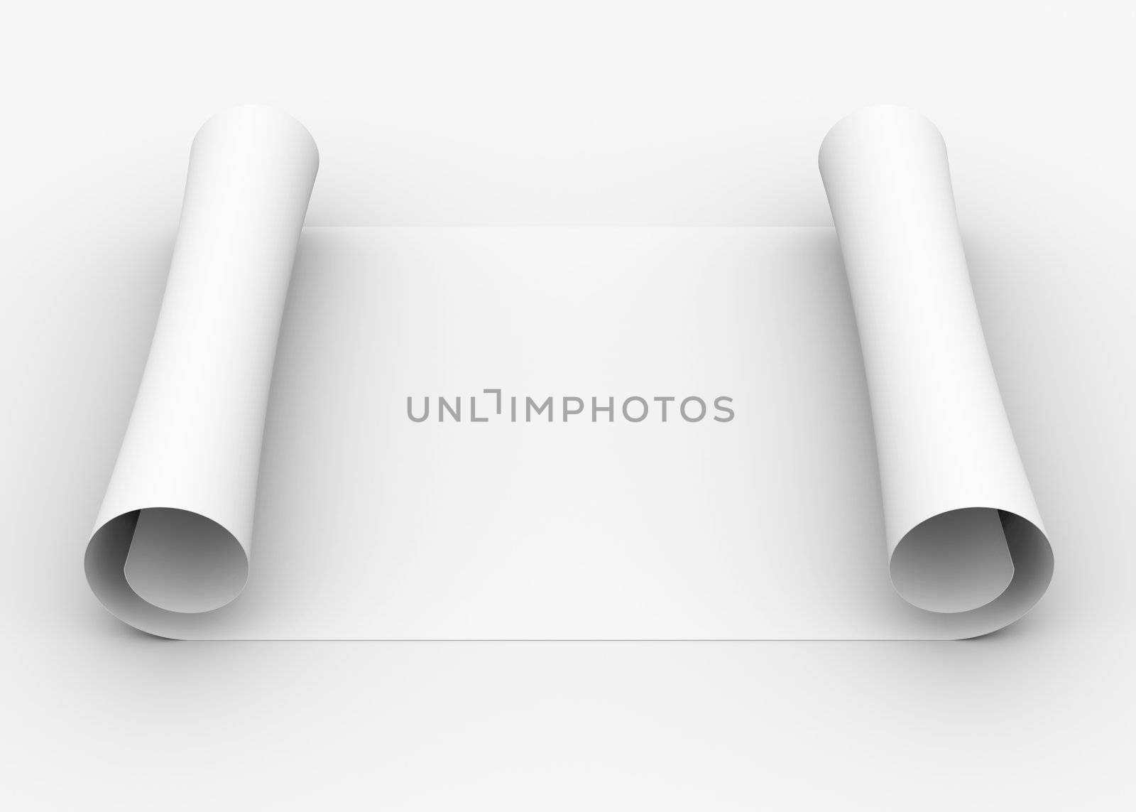 Scroll of white paper. Isolated render on a gray background