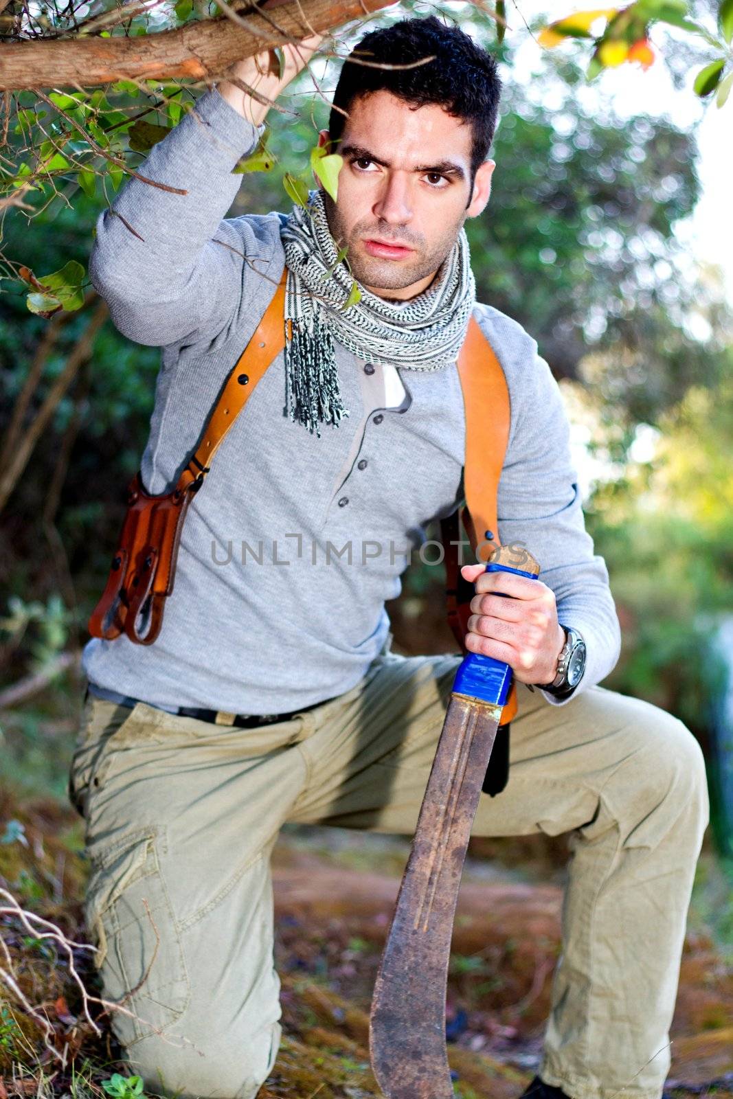 View of an treasure hunter, jungle adventurer type man.