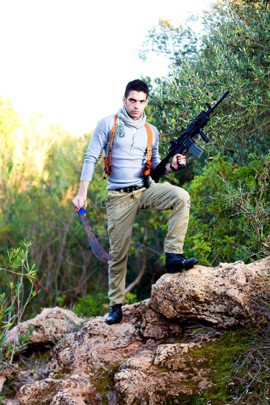 View of an treasure hunter, jungle adventurer type man.