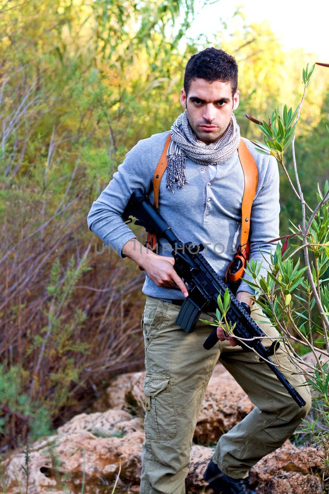 View of an treasure hunter, jungle adventurer type man.