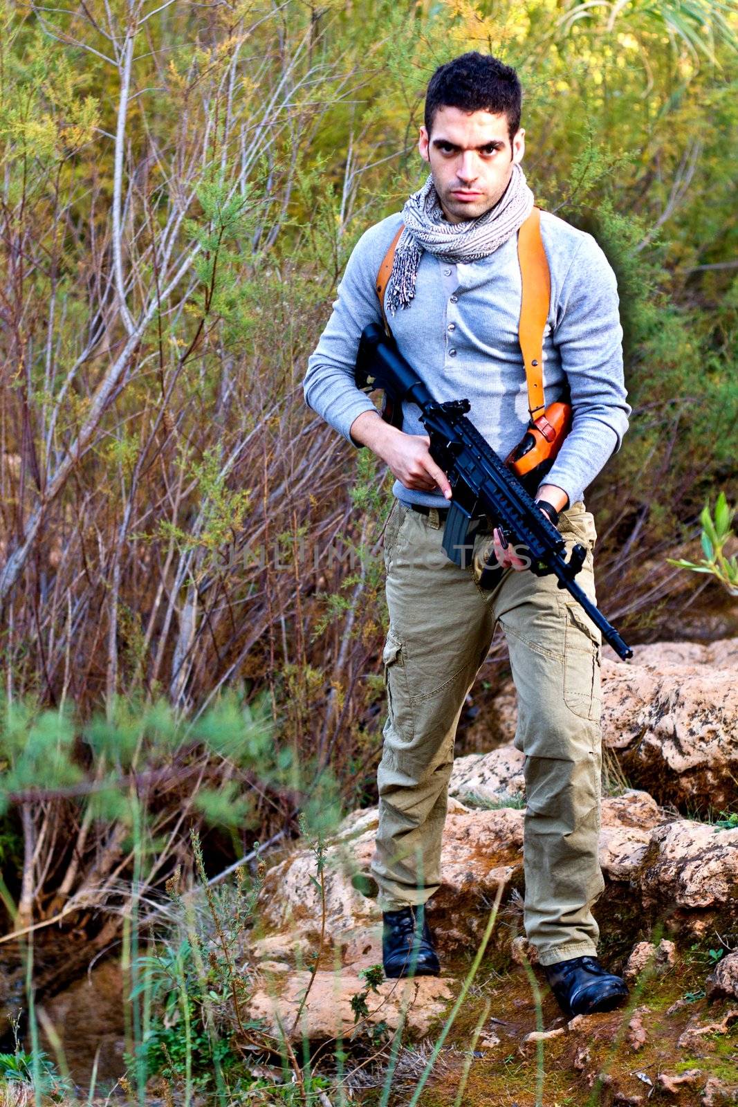 View of an treasure hunter, jungle adventurer type man.