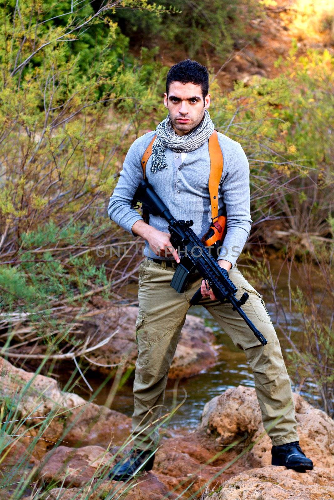 View of an treasure hunter, jungle adventurer type man.