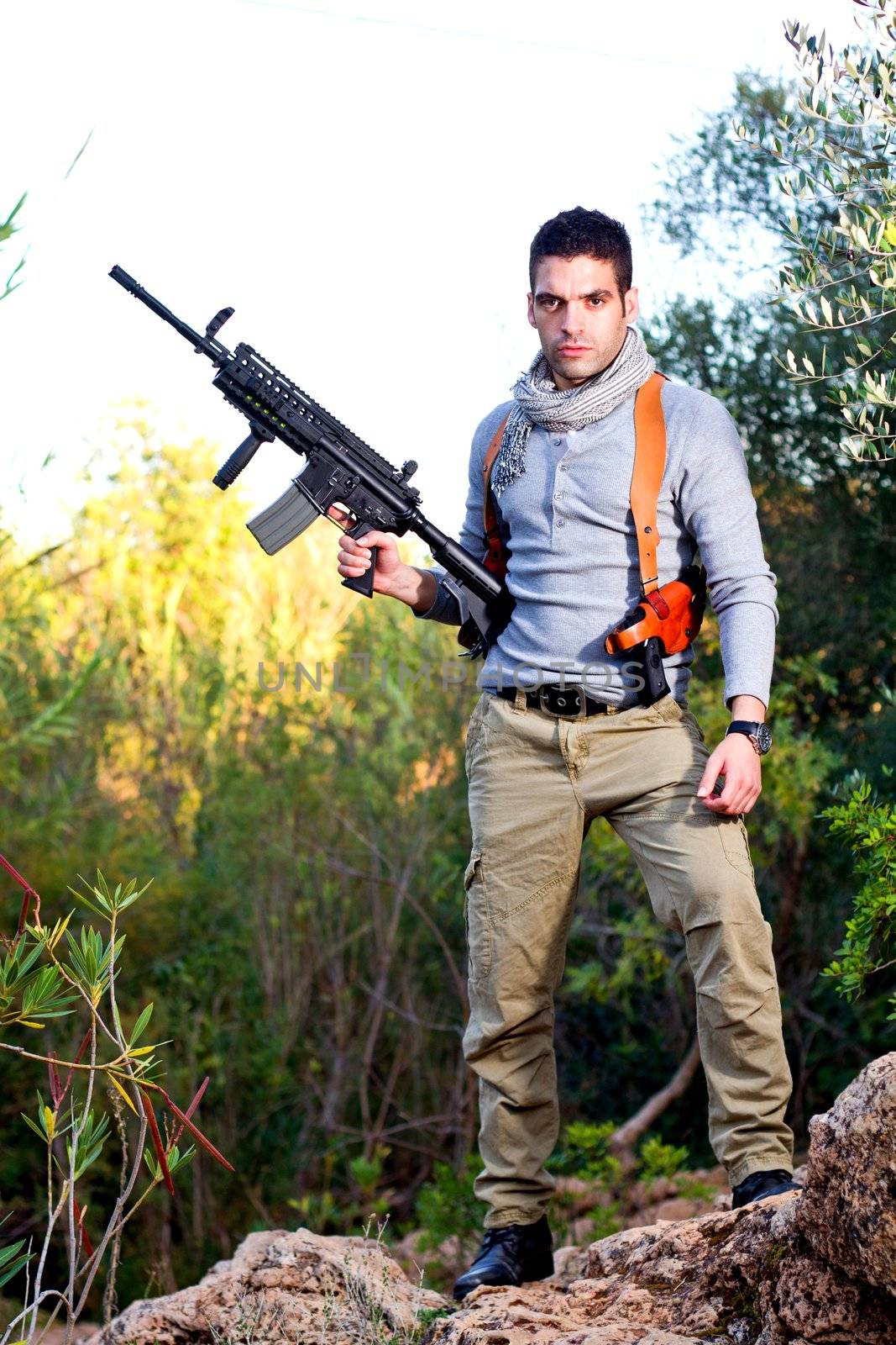 View of an treasure hunter, jungle adventurer type man.