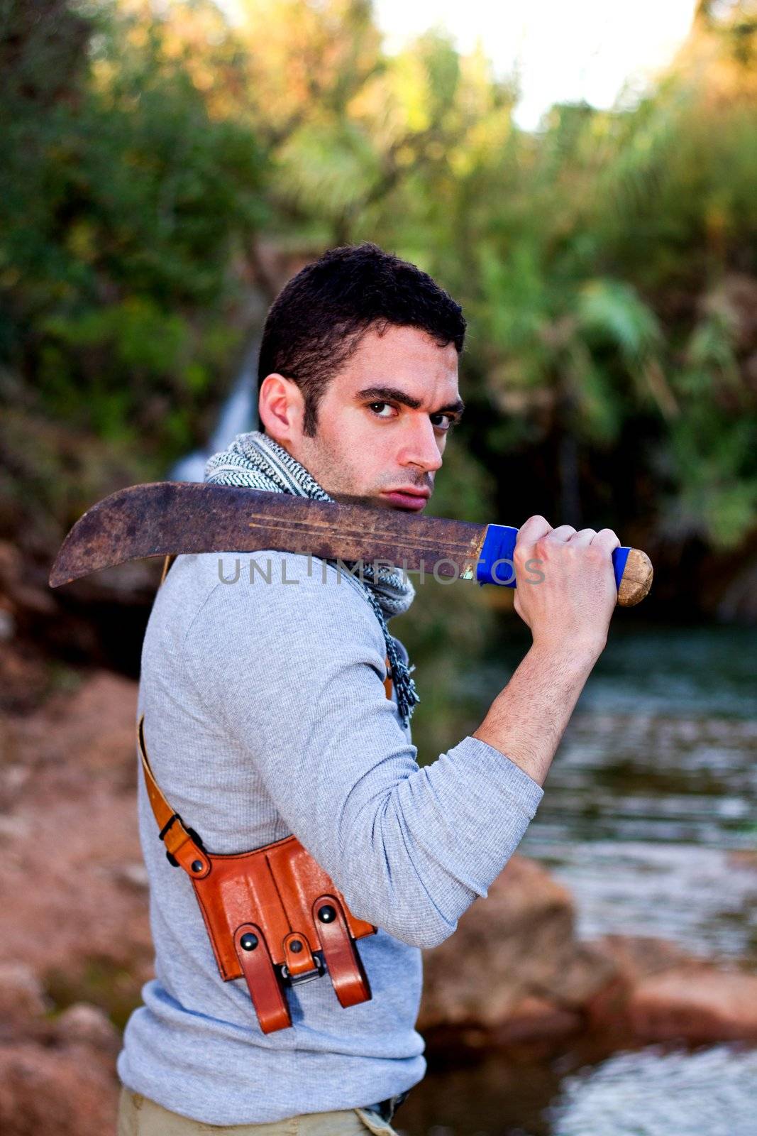 View of an treasure hunter, jungle adventurer type man.