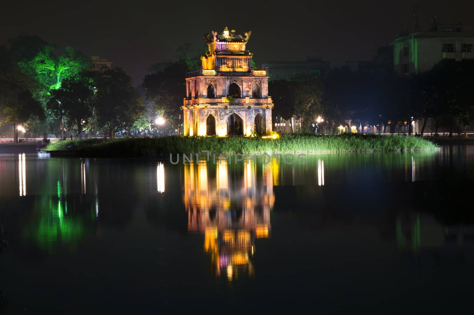 Turtle Tower at night on Hoan Kiem Lake. Hanoi, Vietnam. 