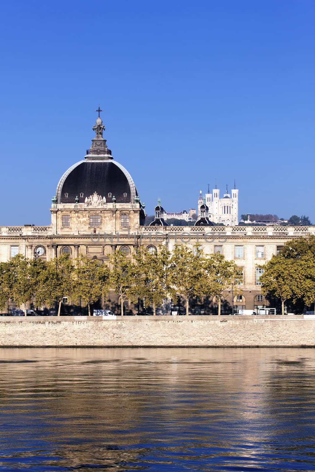 Hotel Dieu reflecting on the waters of Rhone River 