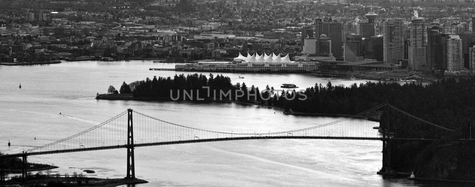 Vancouver BC Canada City Skyline and Lions Gate Bridge Aerial Panorama