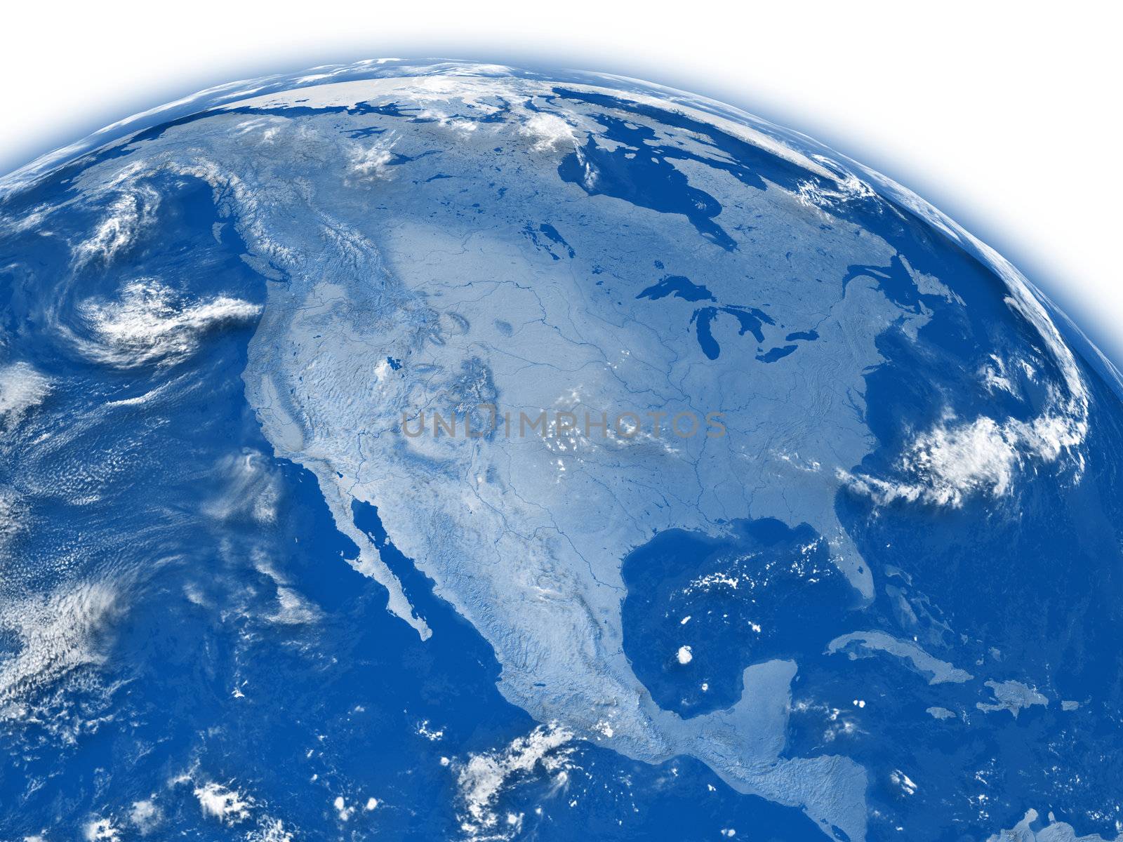 North America on blue planet Earth isolated on white background. Elements of this image furnished by NASA.