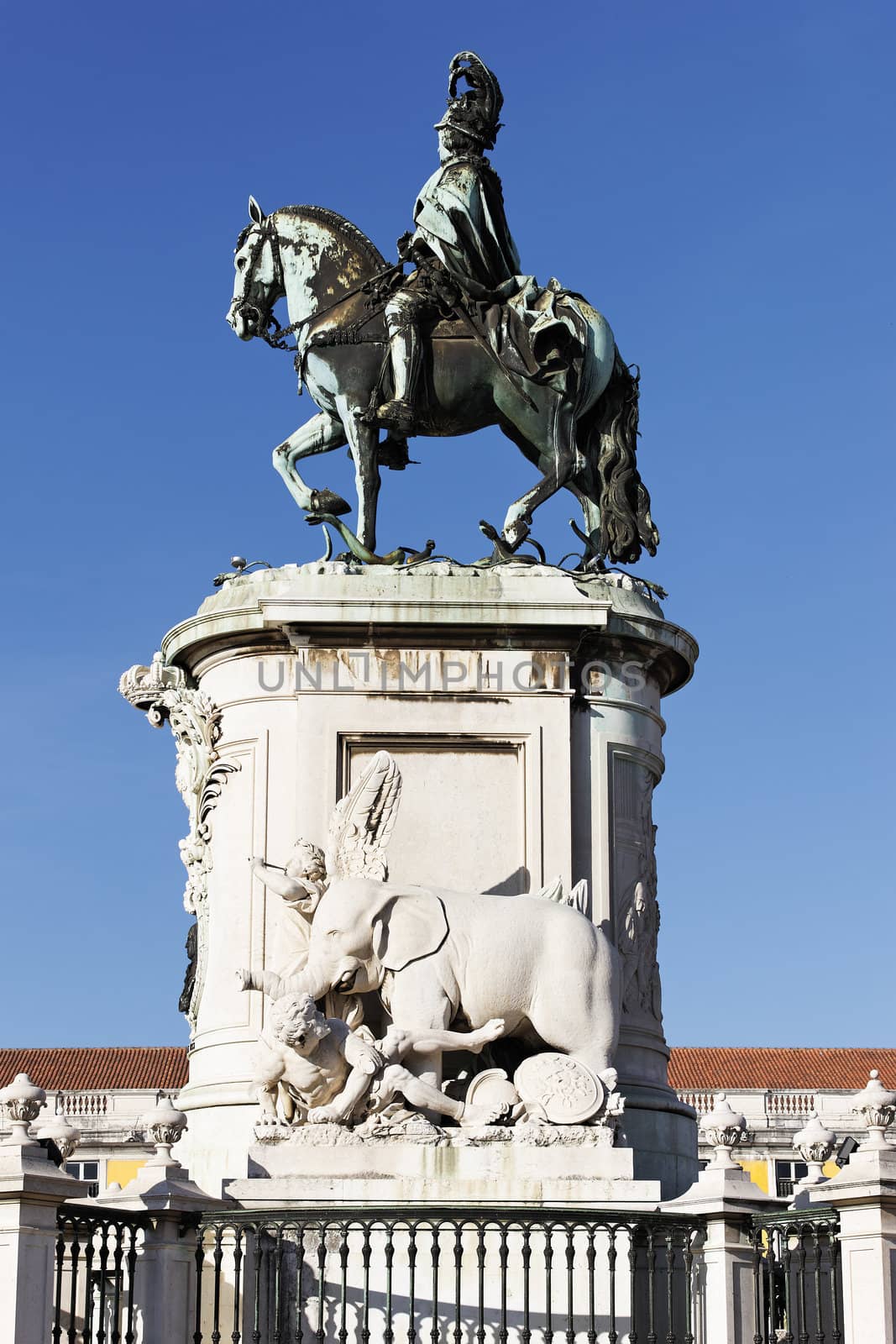 famous statue on commerce square in Lisbon, Portugal