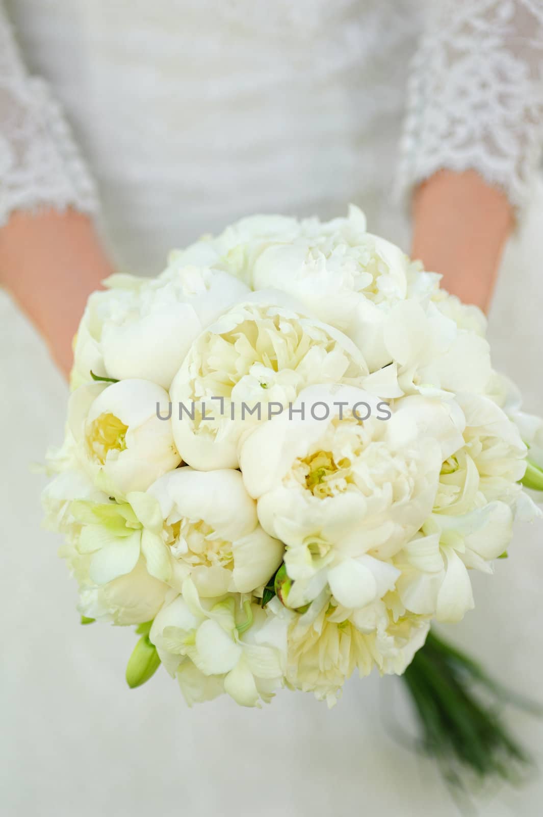 wedding bouquet of white peony in a bride hands