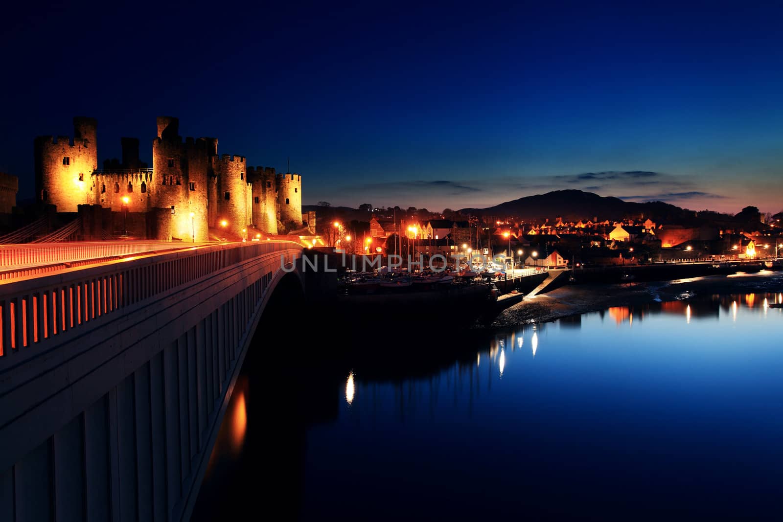 Conwy castle at dusk in north Wales UK