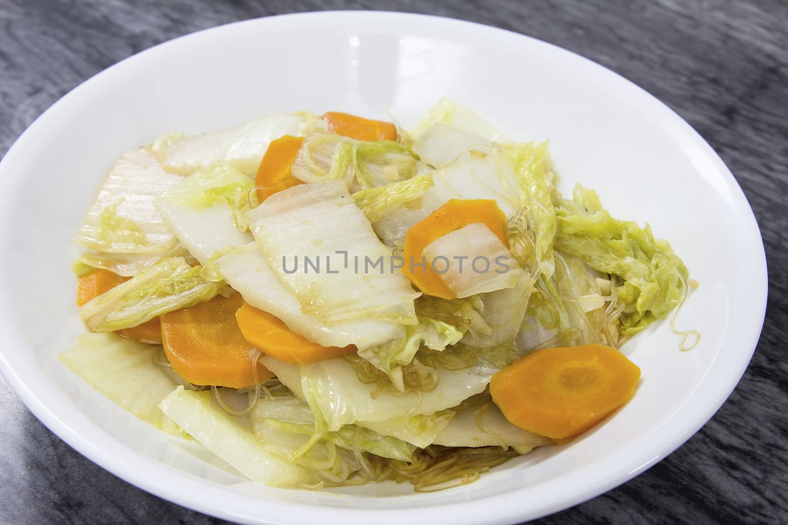 Stir Fry Chinese Cabbage with Garlic Sliced Carrots and Clear Bean Thread Noodles Dish