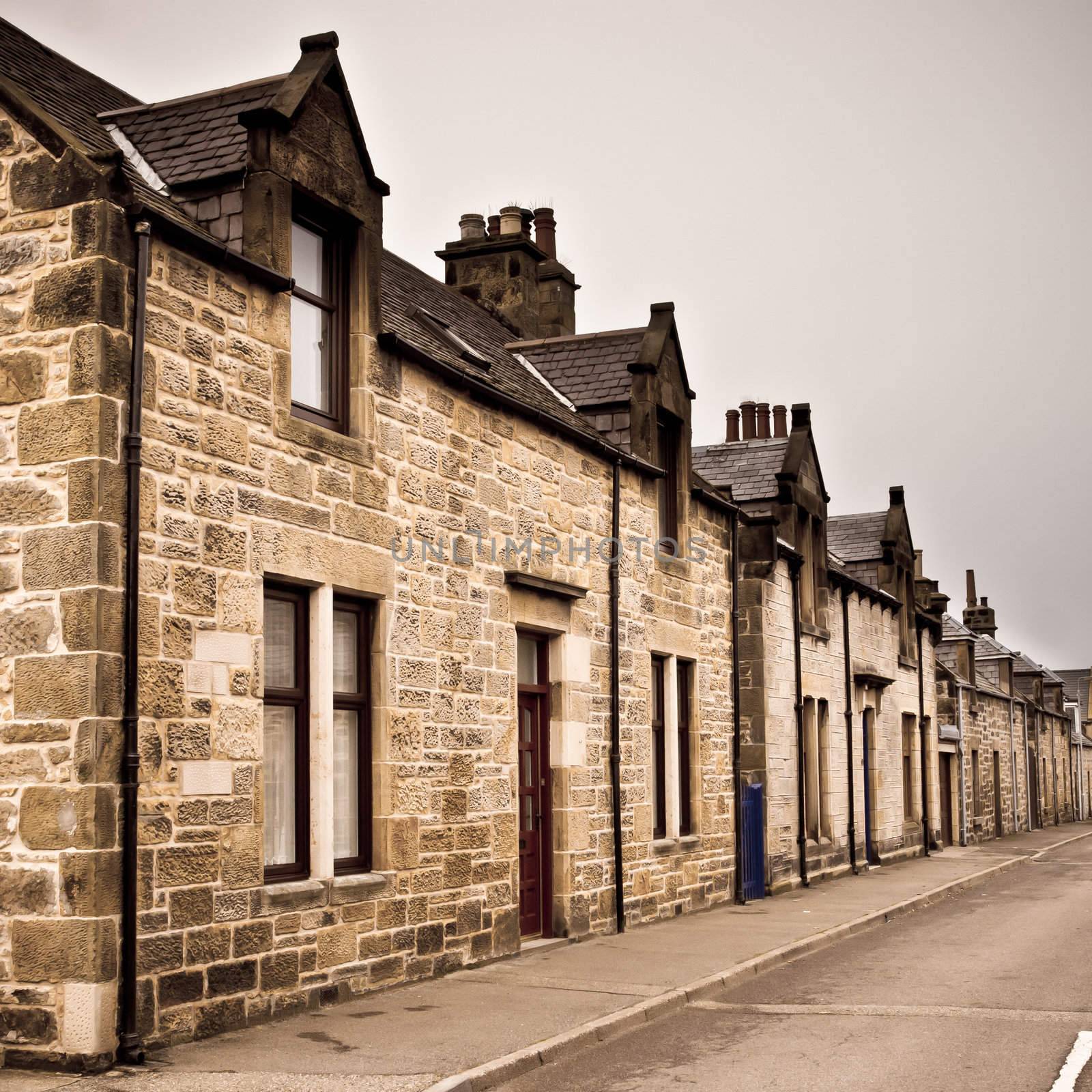 Row of traditional stone houses in a scottish village