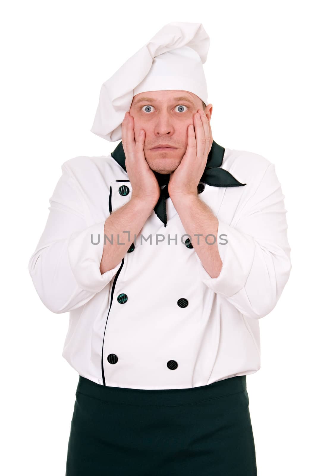 scared the chef isolated on white background