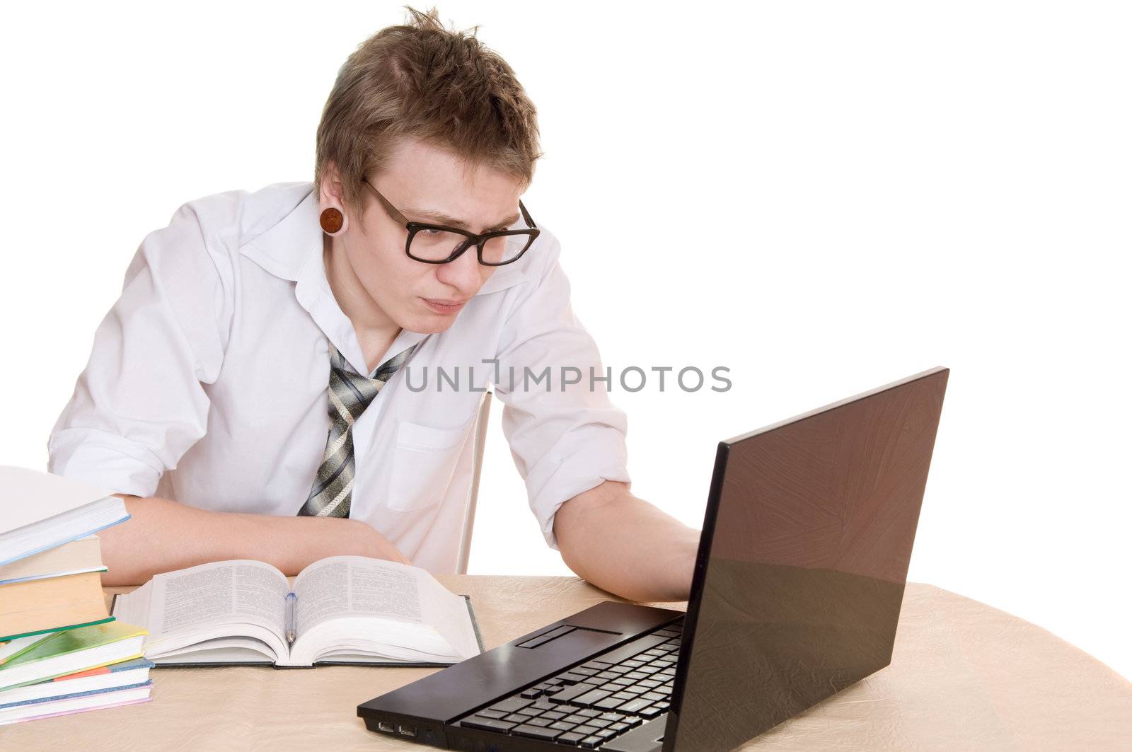 male student works on the laptop isolated on white background