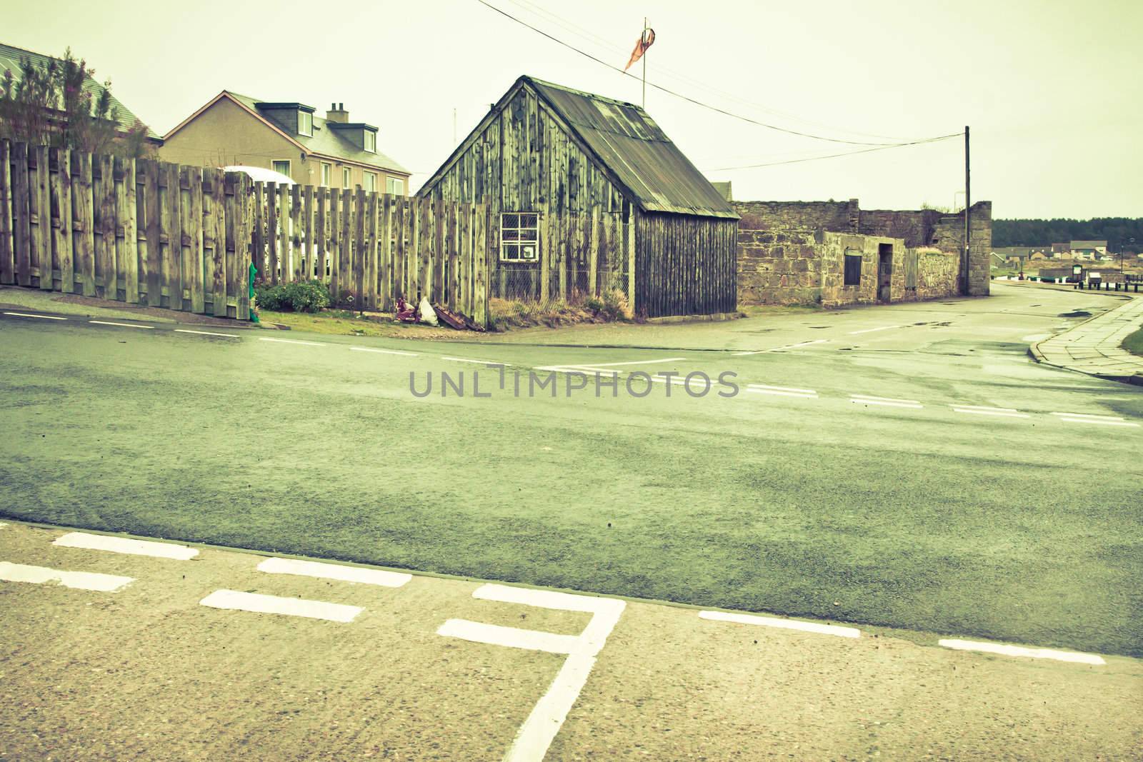 Intersecting roads in Burghead, Scotland in winter