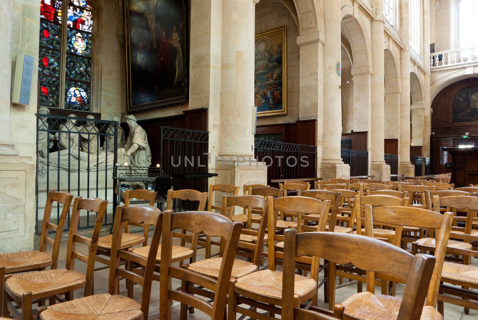 interior of a Gothic church in Paris, France