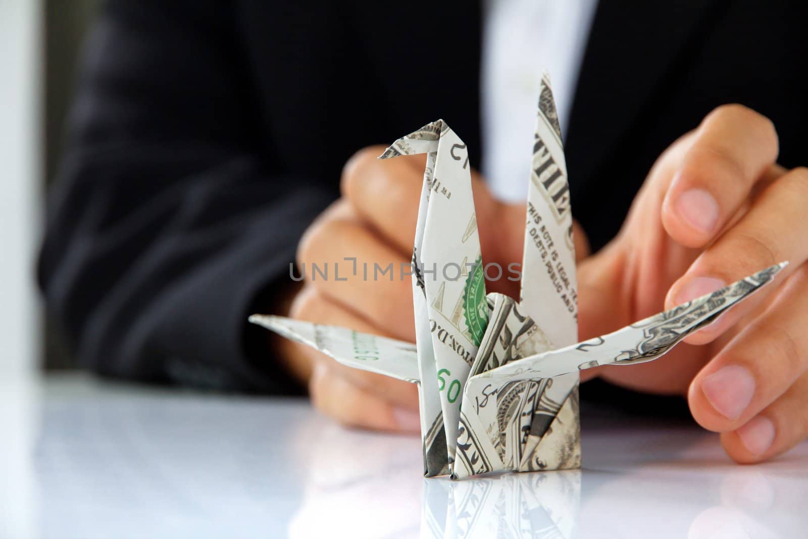 business man hand holding origami paper cranes, money concept