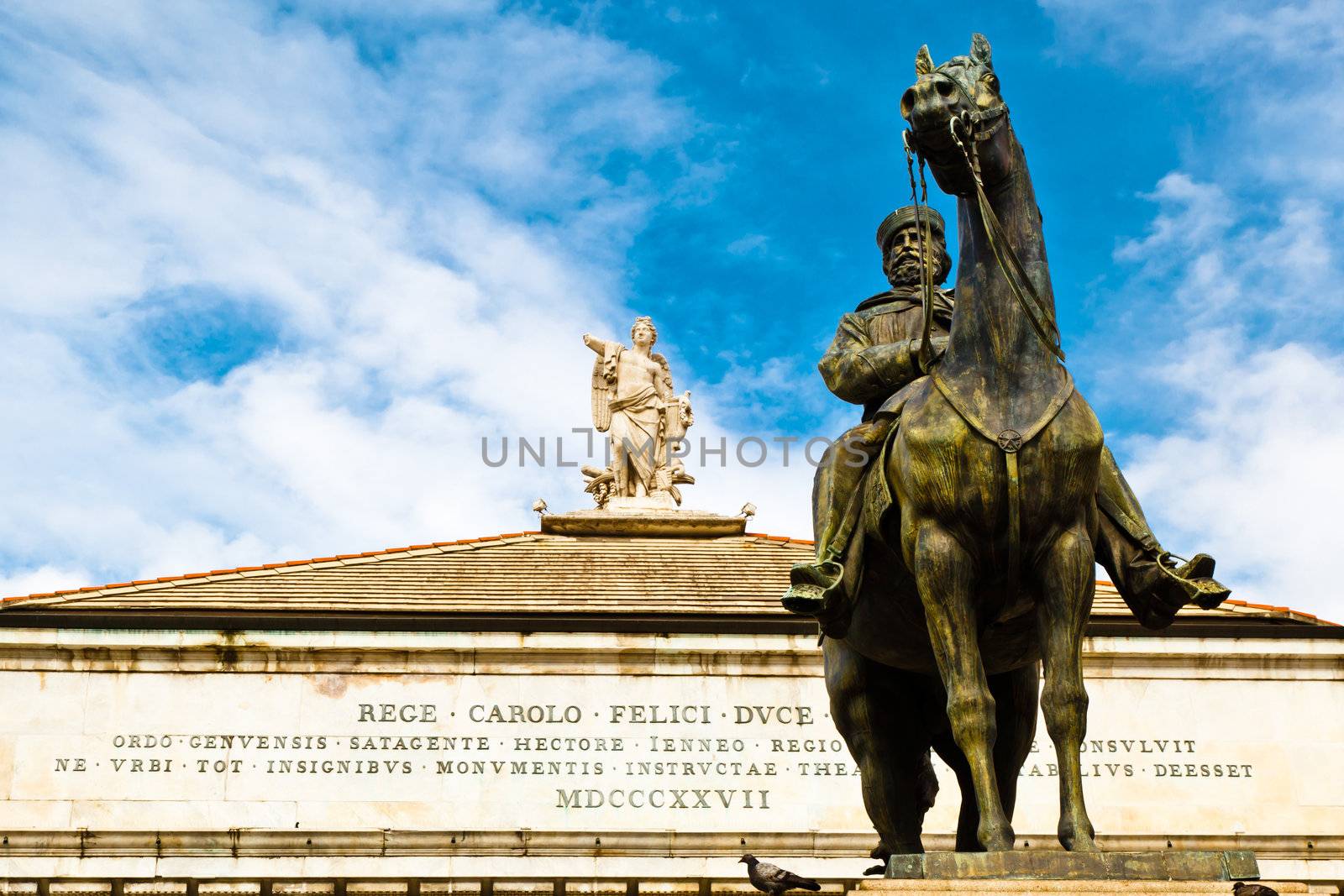 Giuseppe Garibaldi Statue and Muse with Harp on Top of Opera Theater in Genoa, Italy