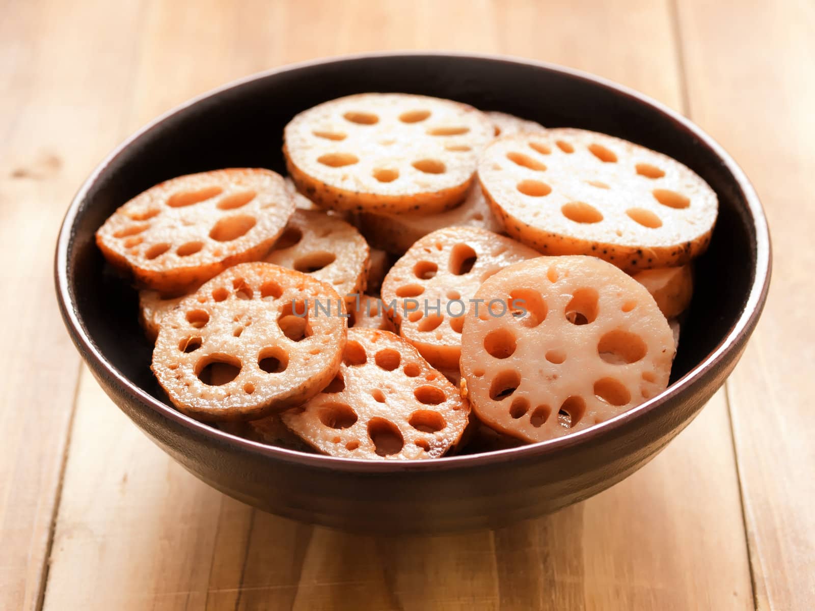 close up of a bowl of lotus root