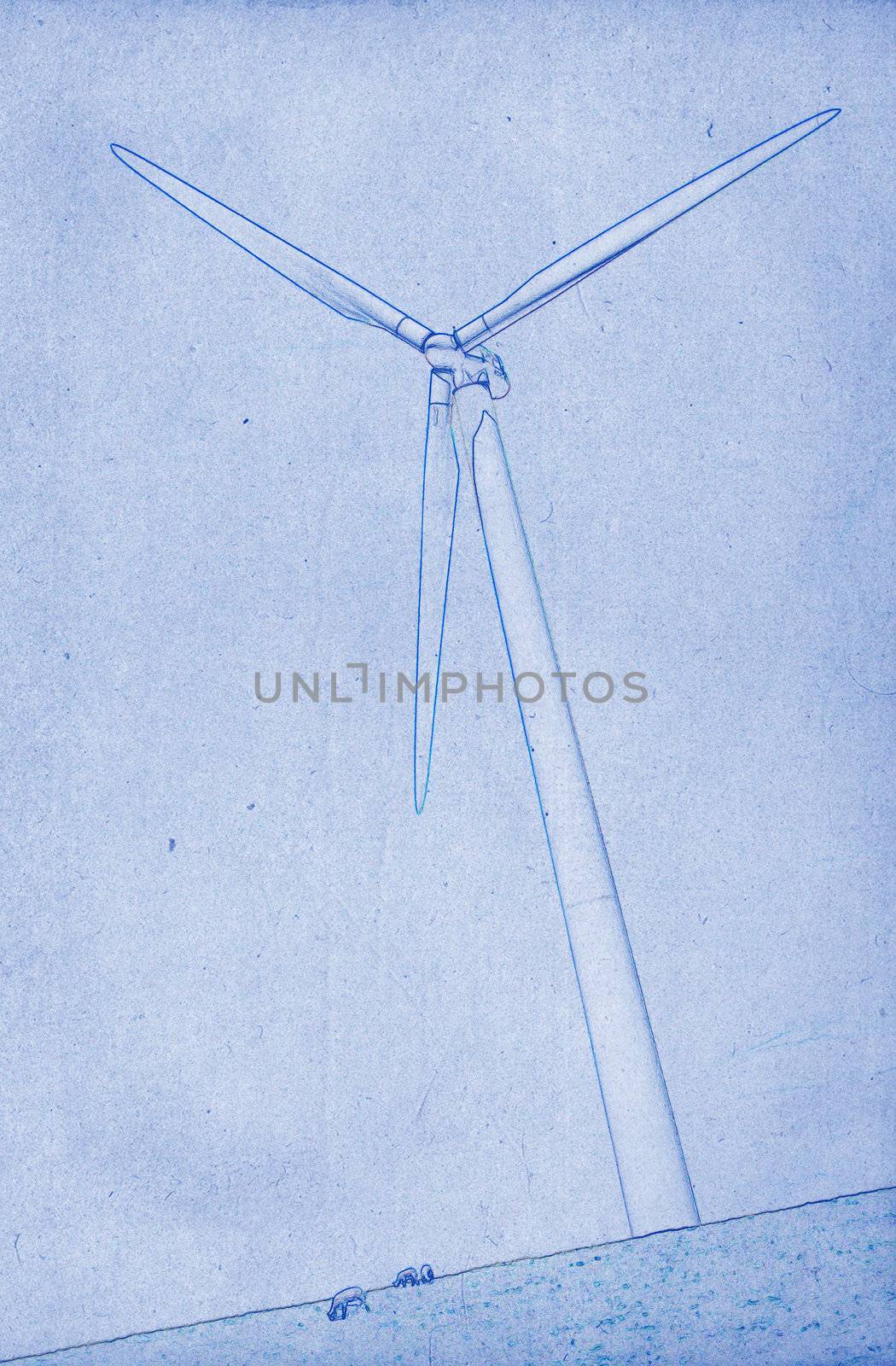 Grungy technical drawing or blueprint illustration on blue background, modern windmill