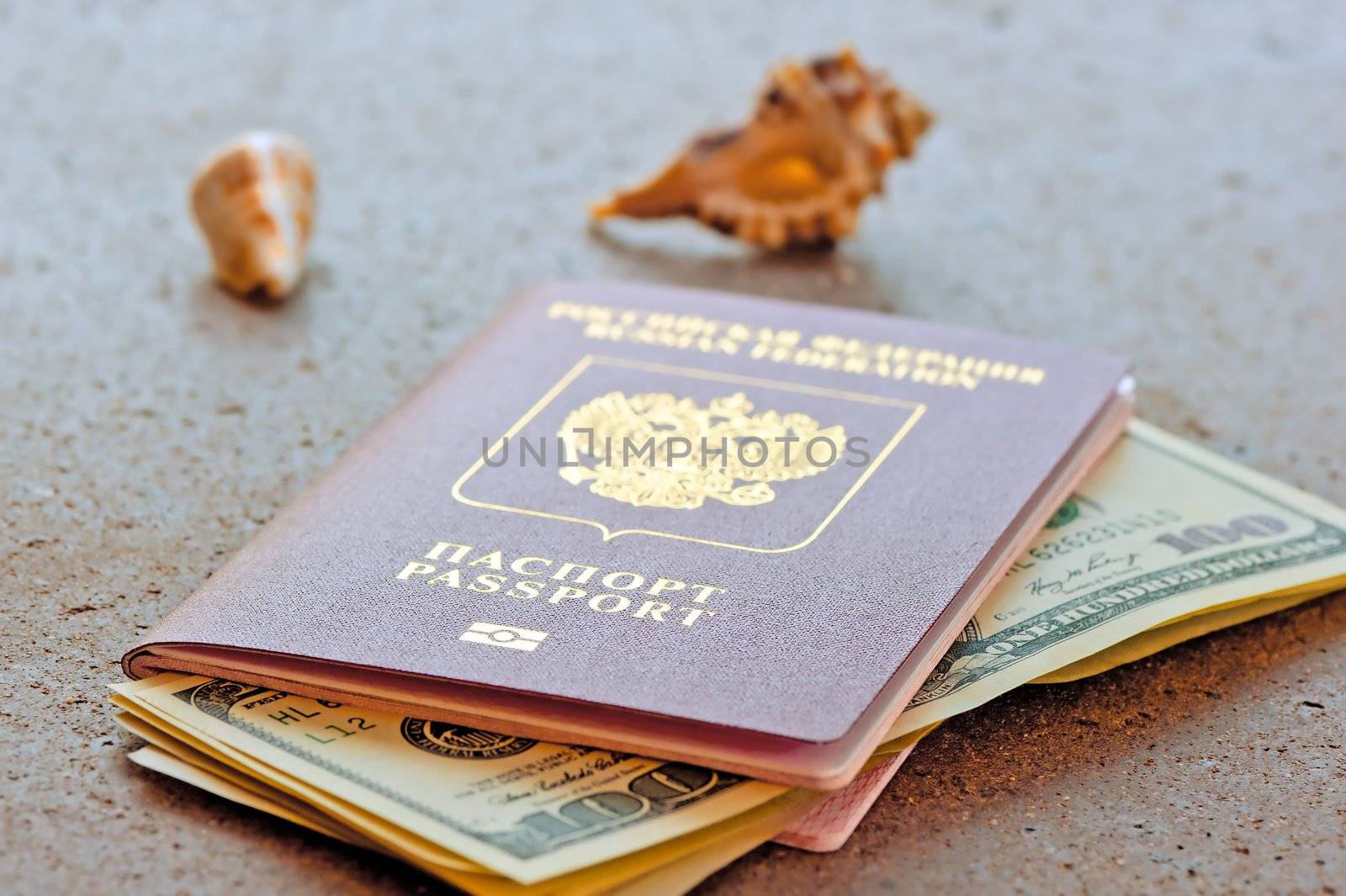Russian passport with a dollar invested and seashells on a granite table top by kosmsos111