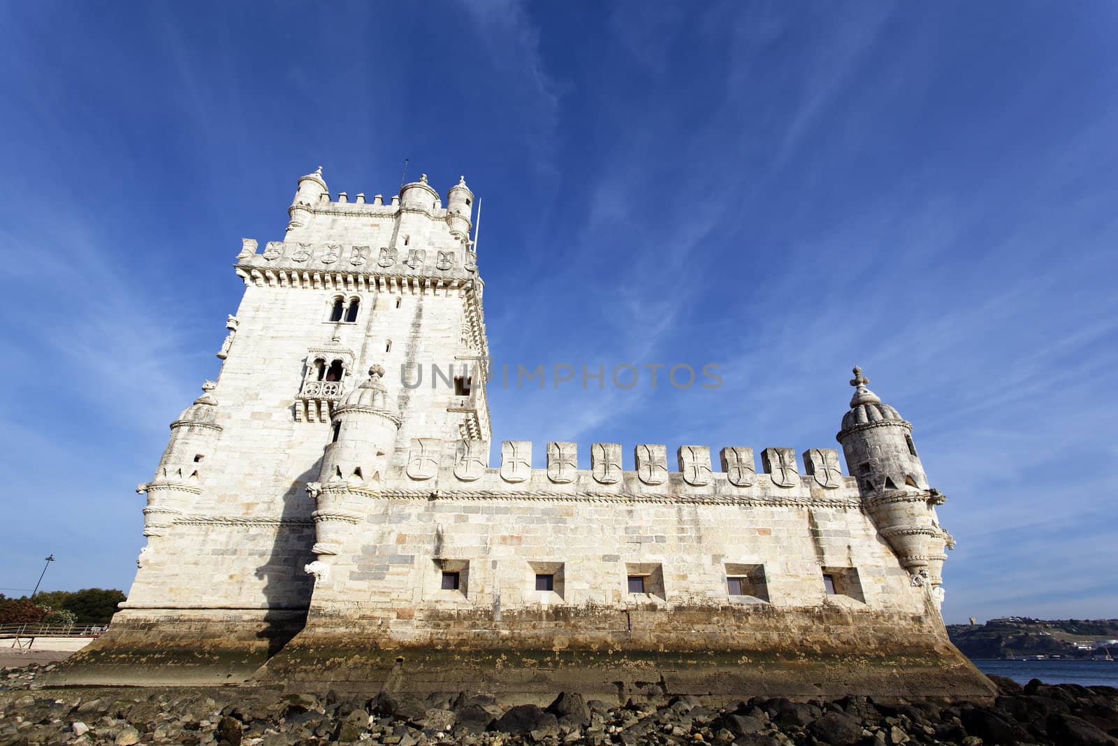 View of Belem Tower in evening. Lisbon, Portugal. 