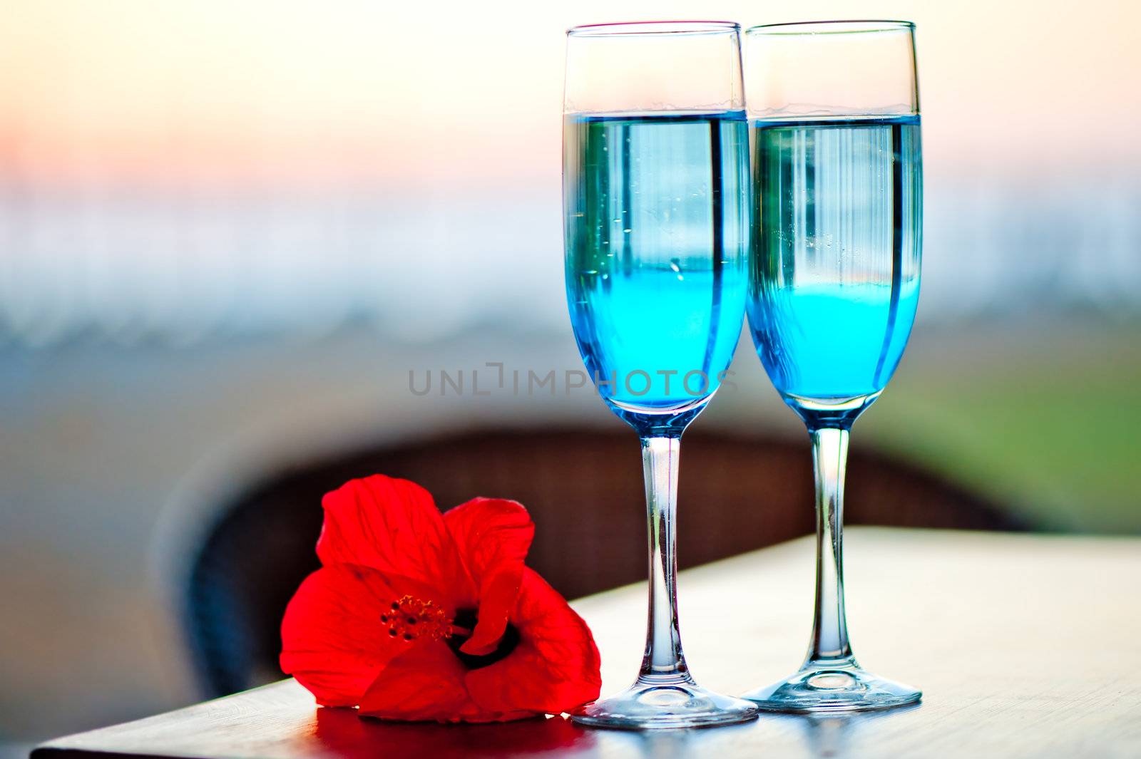 Two glasses with blue alcohol cocktail with an exotic flower on the table