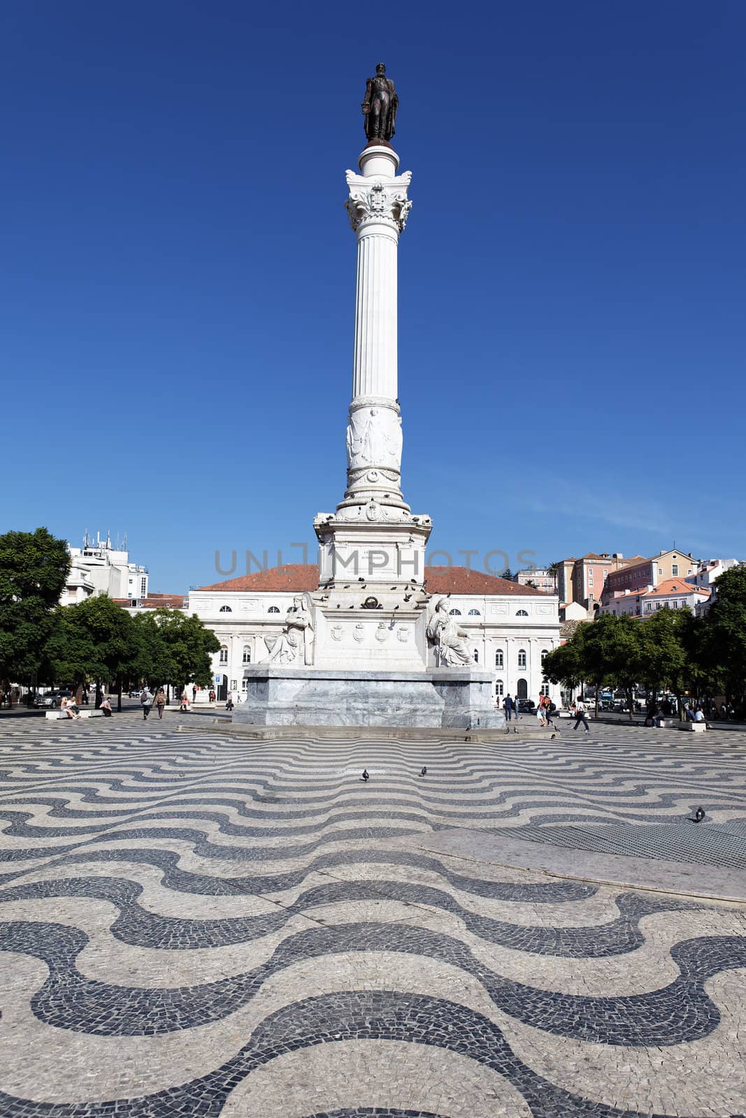 Rossio Square in Lisbon, Portugal, with Pedro King statue 