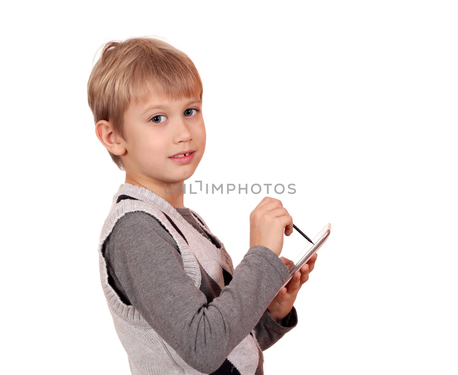 boy with tablet pc posing on white 