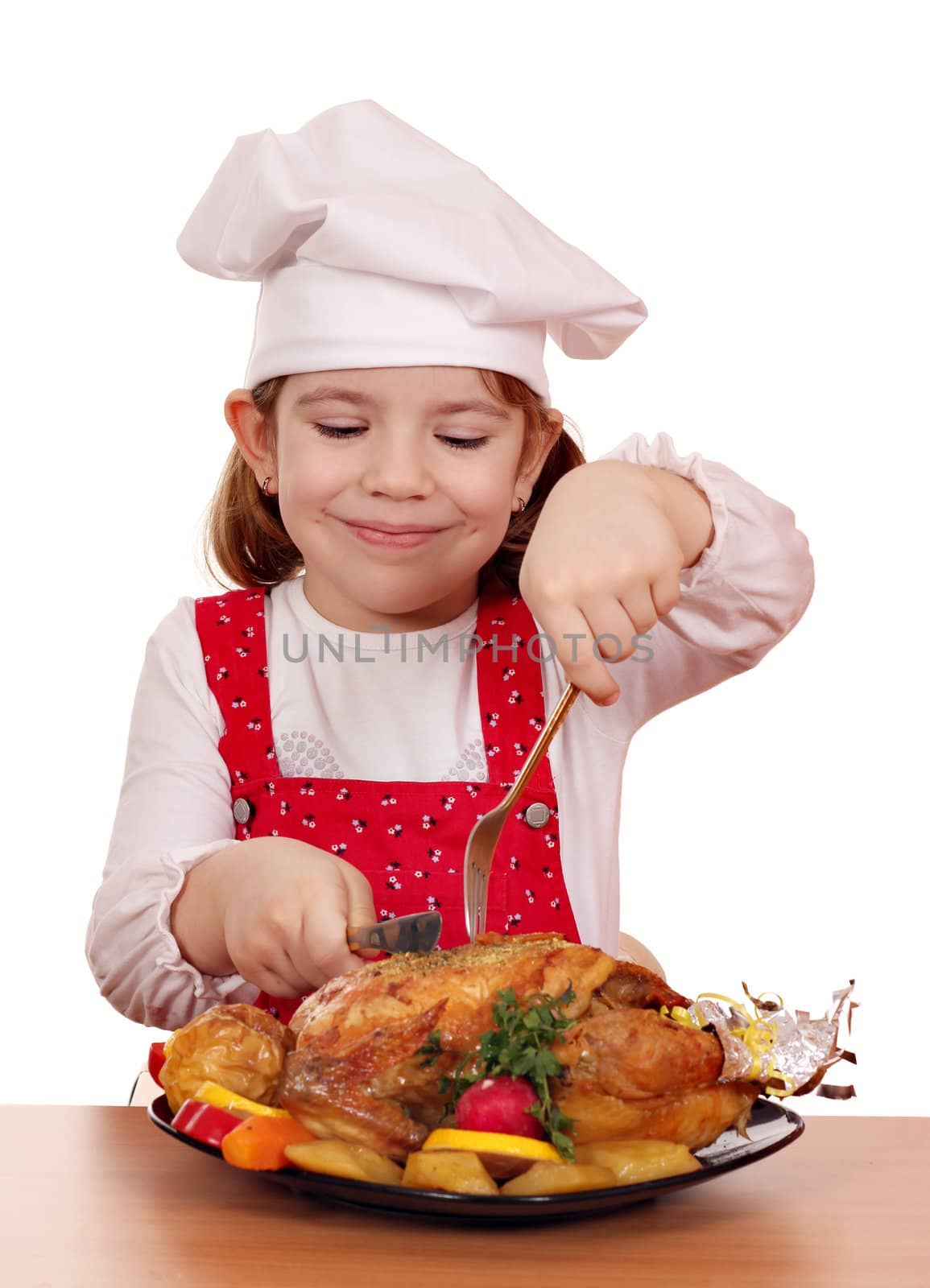 little girl cook eat roasted chicken