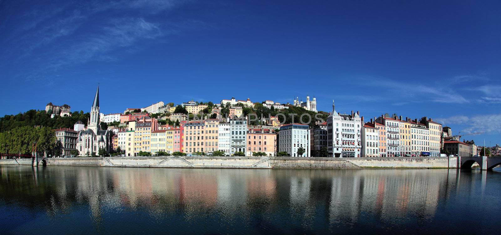 Panoramic view of Lyon and Saone River in summer