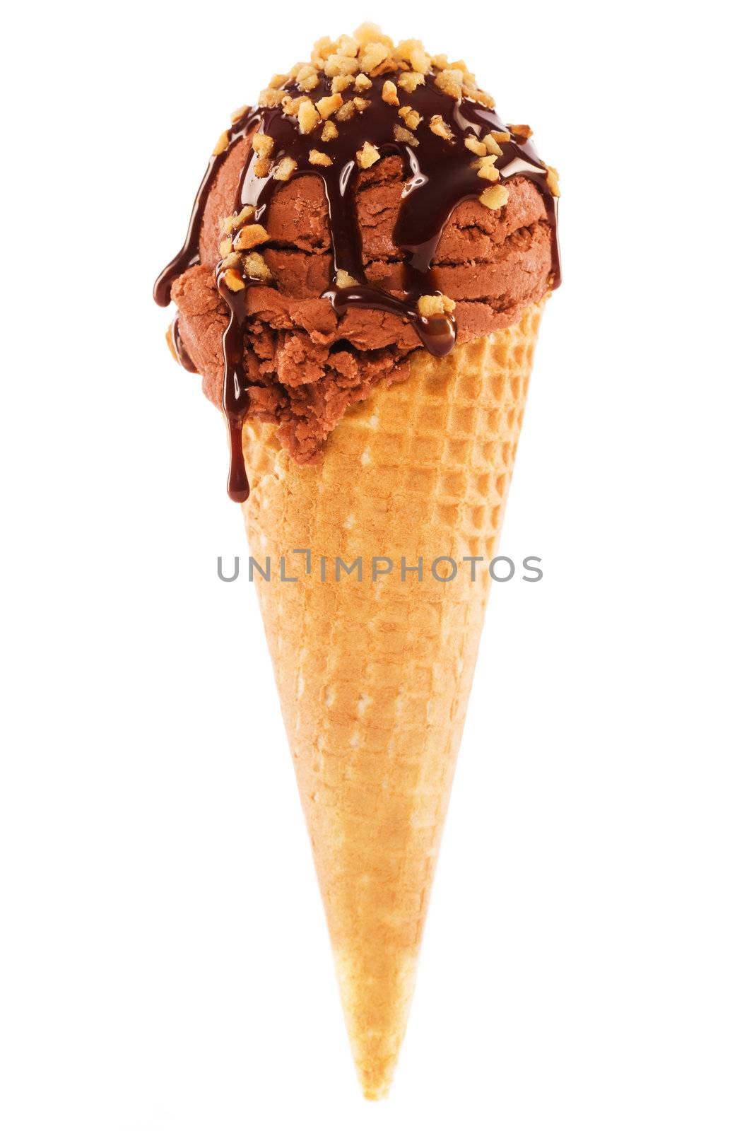 chocolate flavor ice cream in a waffle cone with chocolate sauce and brittle on white background