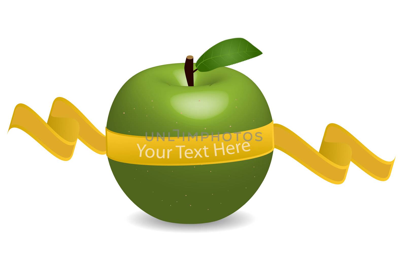 Image of an apple with a banner with editable text isolated on a white background.
