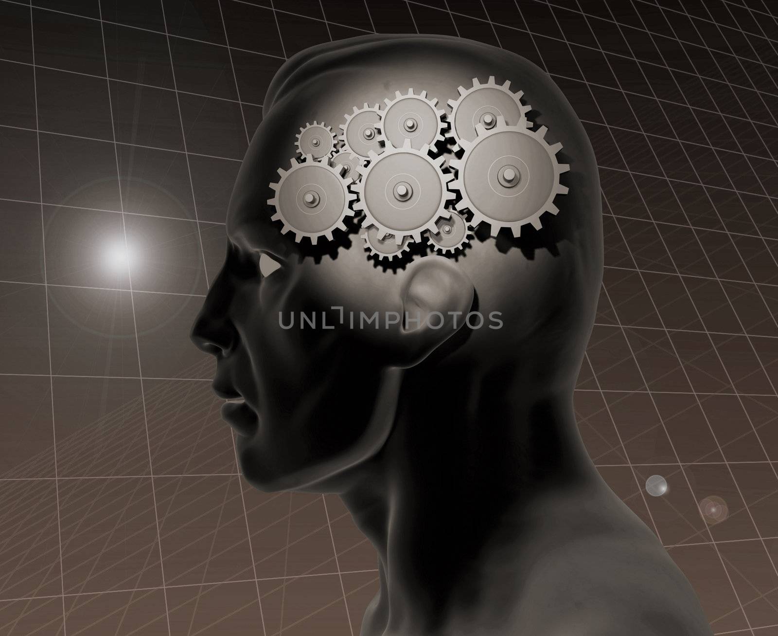 Image of a gears inside of a man's head with a grid background.