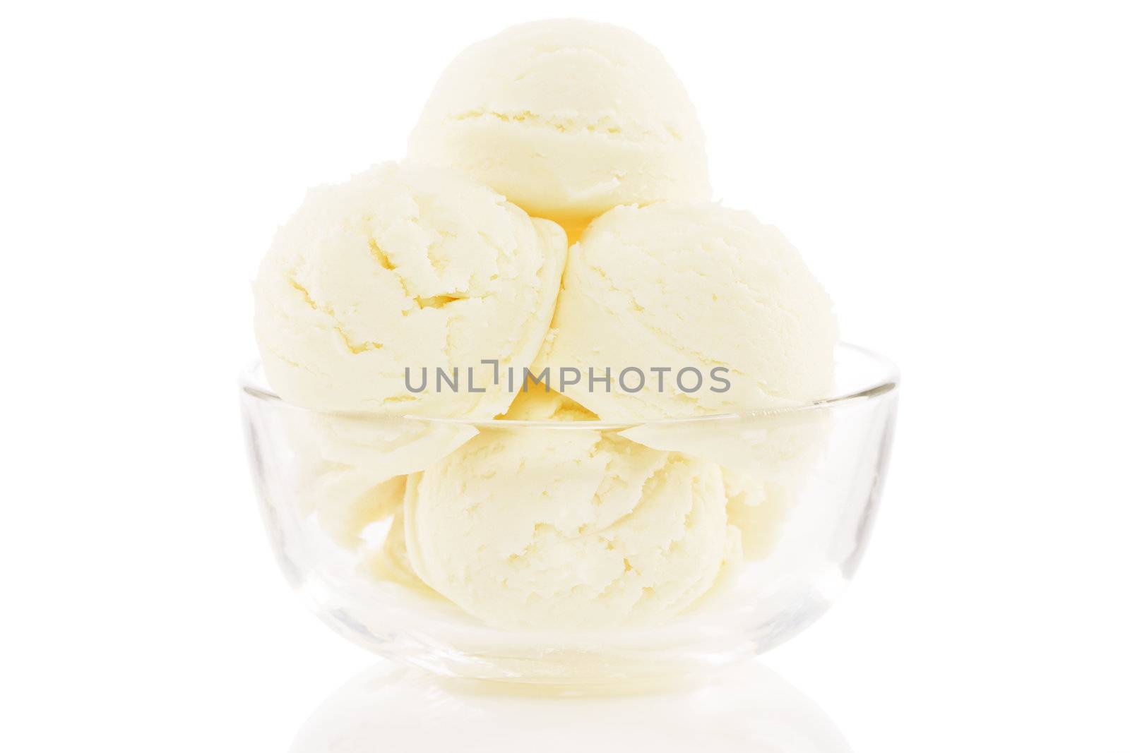 glass bowl filled with ice cream balls on white background