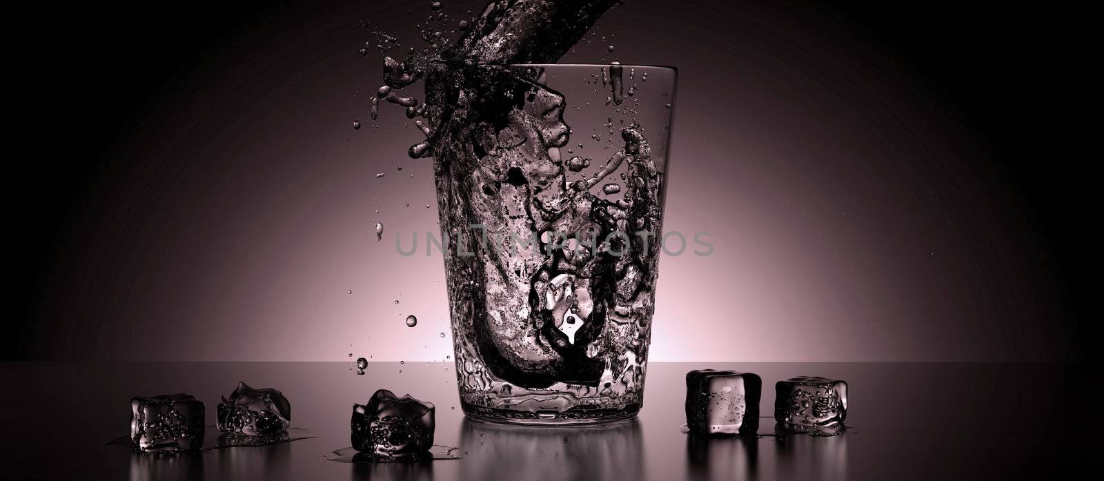 Image of water splashin inside of a glass on a colorful gradient background.