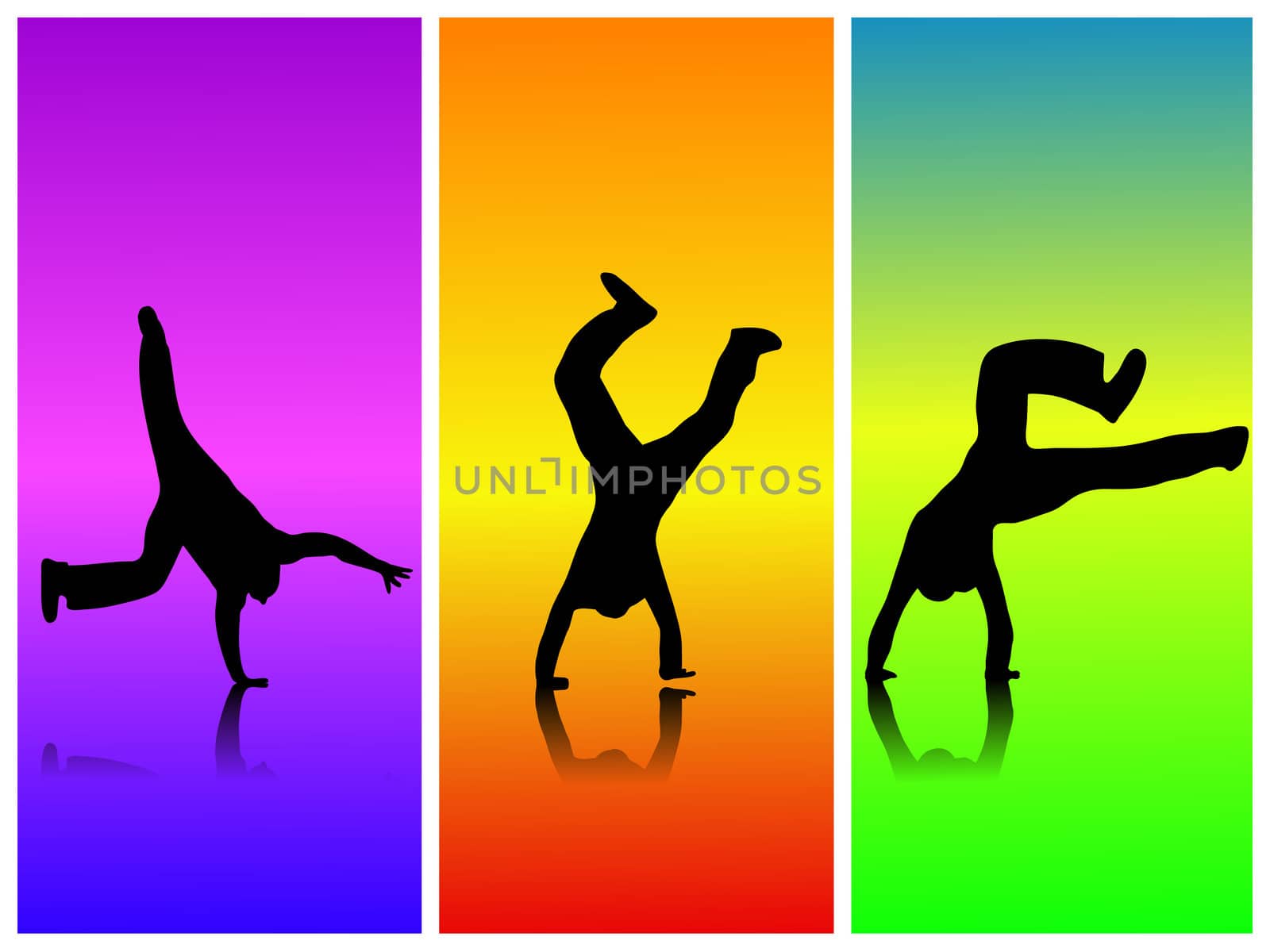 Image of various silhouettes flipping against a colorful background.