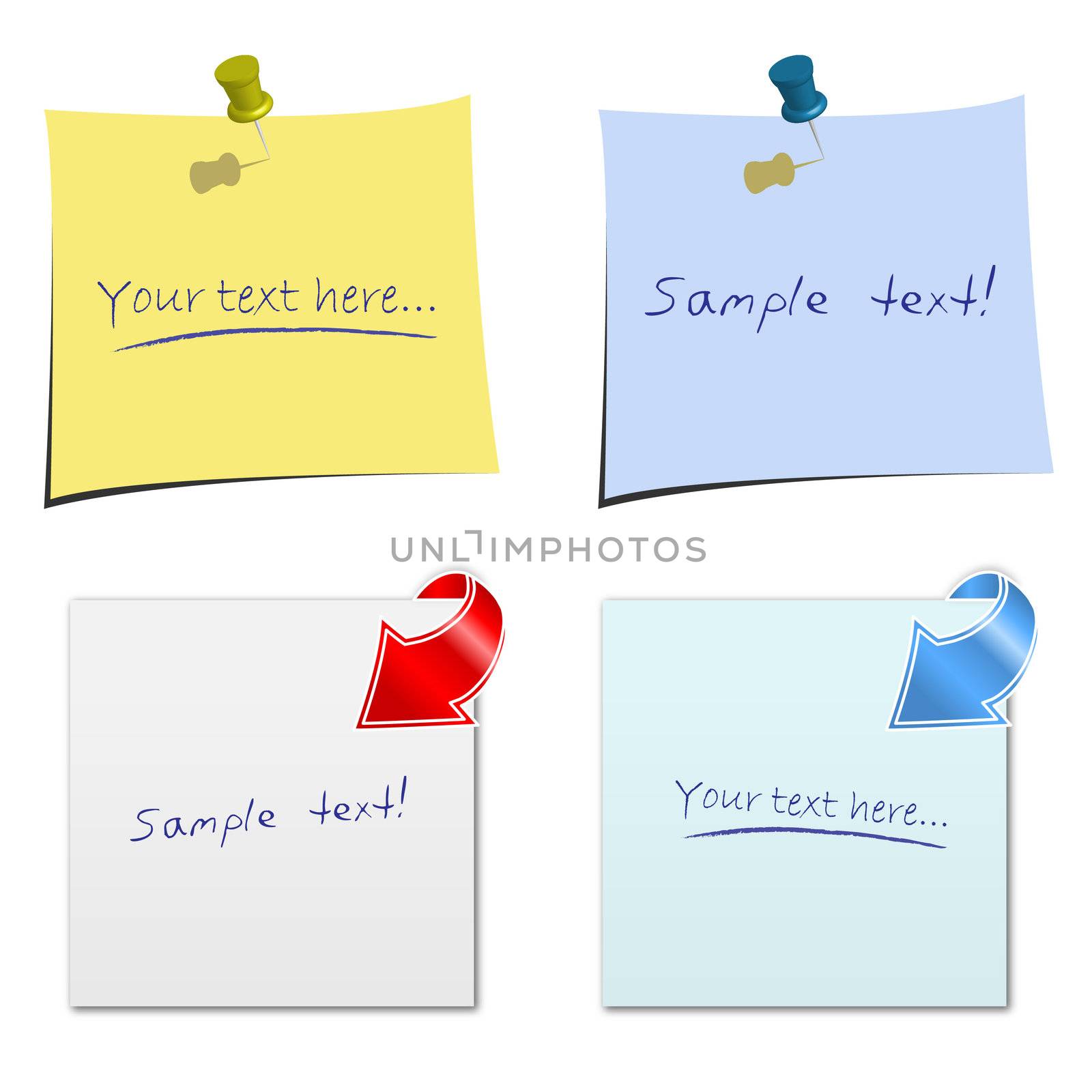 Image of various colorful notes with sample text isolated on a white background.