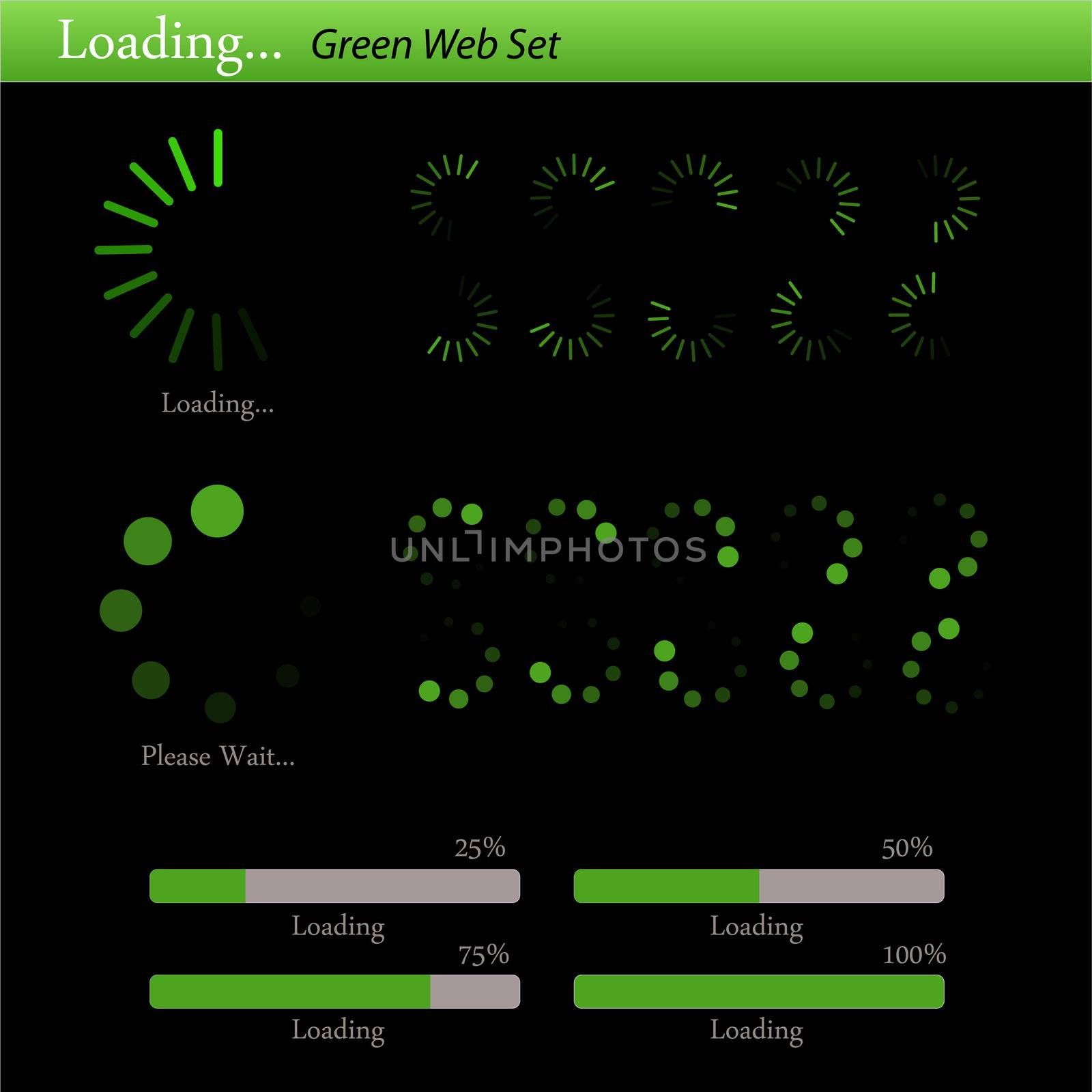 Image of a colorful, green loading web set on a black background.