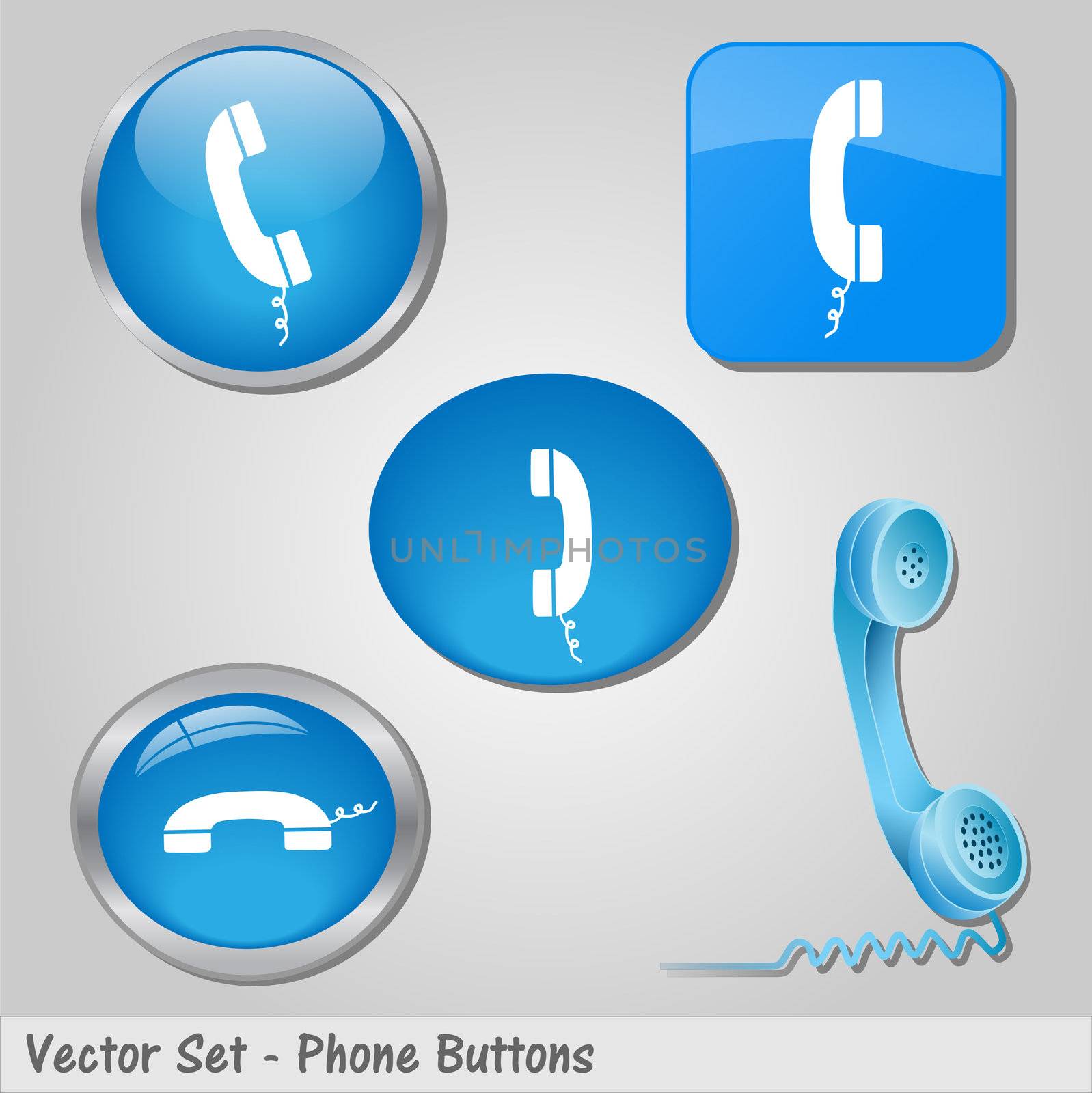 Image of various colorful blue phone buttons.