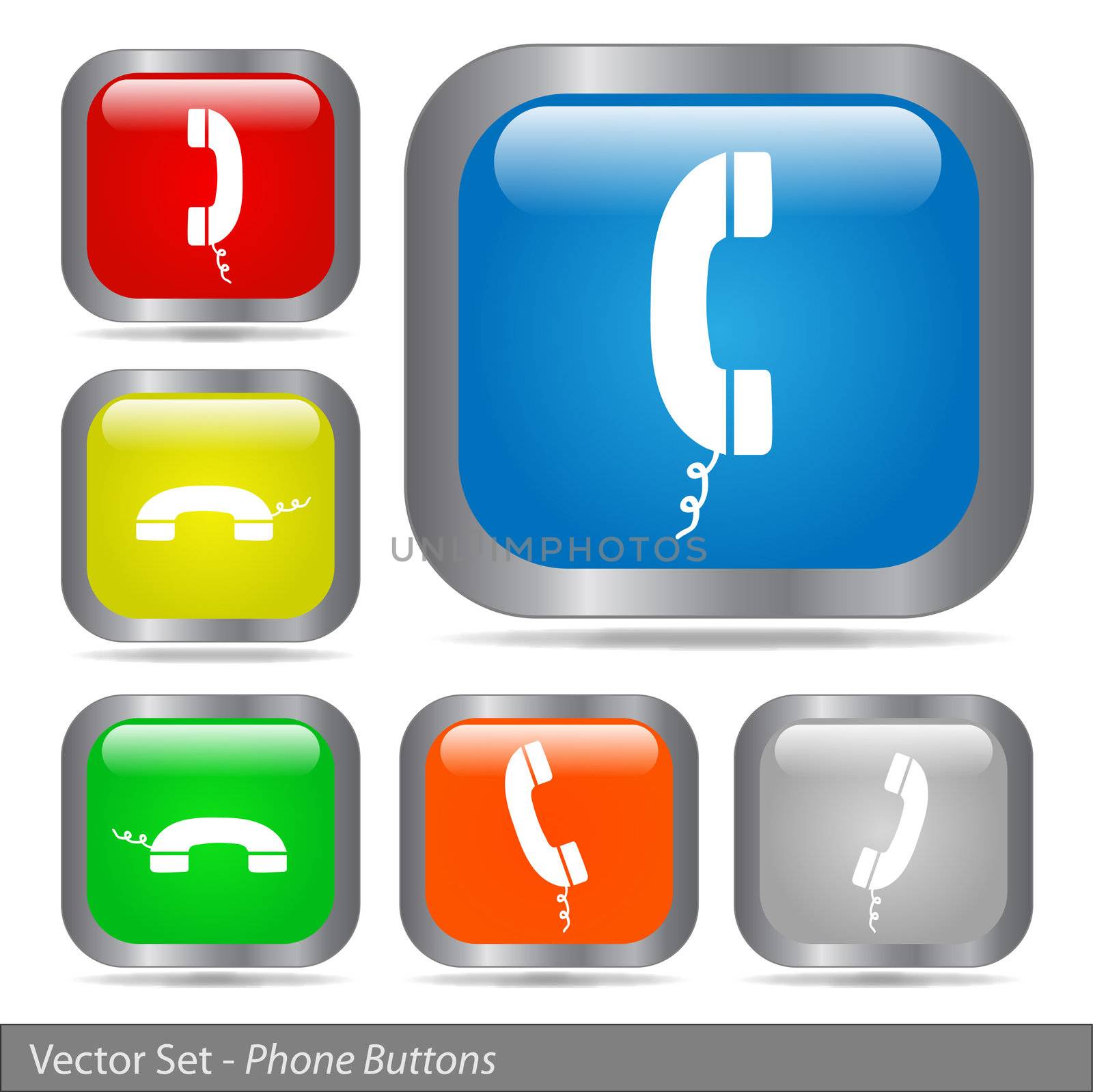 Image of various colorful phone buttons isolated on a white background.