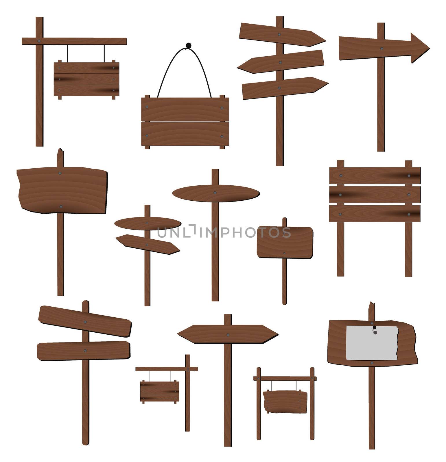 Image of various wooden signs isolated on a white background.